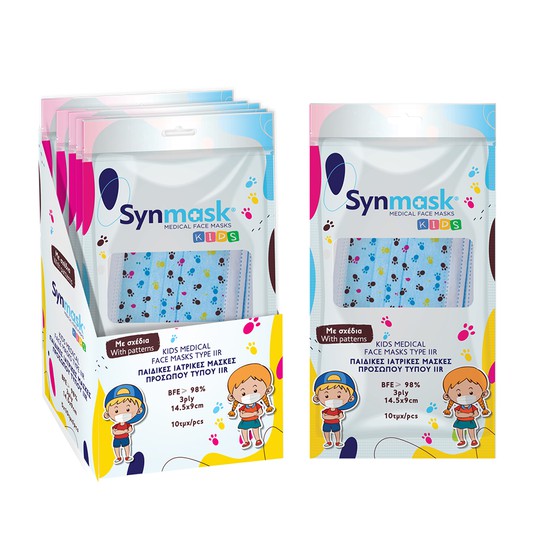 SynMask Μάσκες Χειρουργικές Παιδικές με Λάστιχο Με Πατουσάκια Box 50τμχ